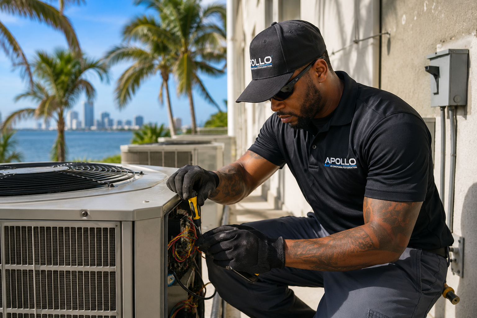 Apollo technician servicing an outdoor air conditioning unit